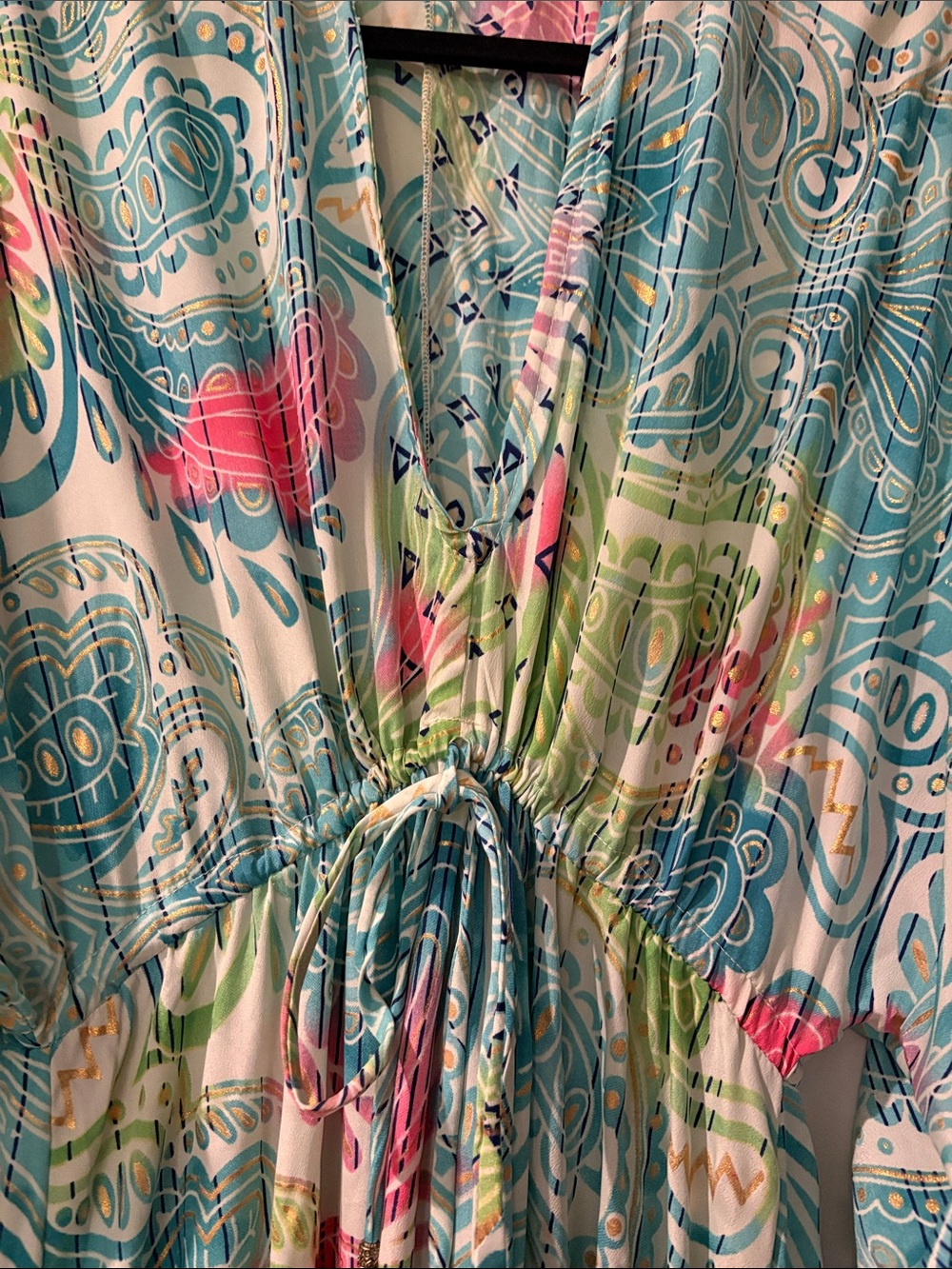 Women's Aqua Paisley Maxi Caftan Dress with Drawstring - Picture 2 of 6
